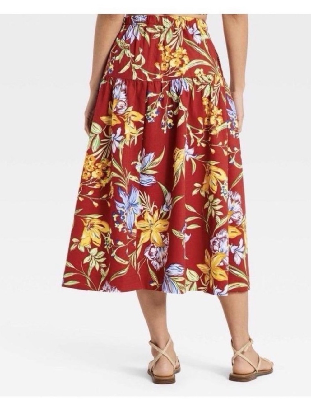 A New Day Resort Poplin Drop Waist Midi Skirt Dark Red Floral Cotton NWT - Picture 2 of 4